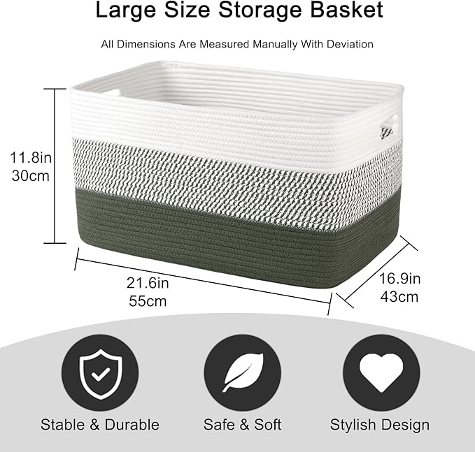 OIAHOMY Blanket Basket Laundry Basket Dog Toy Basket 75L Green/White | Large Storage Basket,Baby Basket,Toy Storage,Woven Rope Basket for Blankets,Blanket Storage for Living Room - Image 3