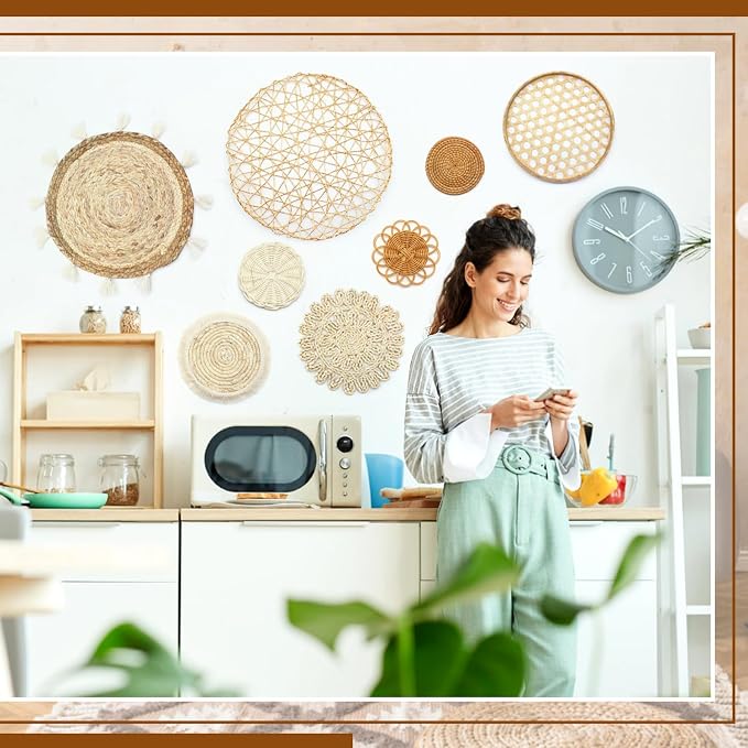 iChuan Boho Wall Hanging Basket Decor Set – 10-Piece Macrame and Woven Wall Art, Handmade Tapestry Wall Decor Seagrass Ornaments Round Tassels for Living Room, Bedroom, Nursery - Image 6