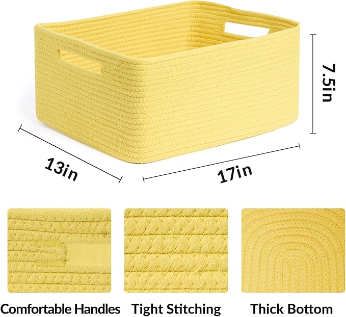 MiniArk Large Storage Baskets for Organizing, 17 x 13 x 7.5” Closet Shelf Baskets for Clothes Blanket Towels, Baby Nursery, Toy Bins Box, Woven Rope Baskets, 4 Packs Yellow - Image 2