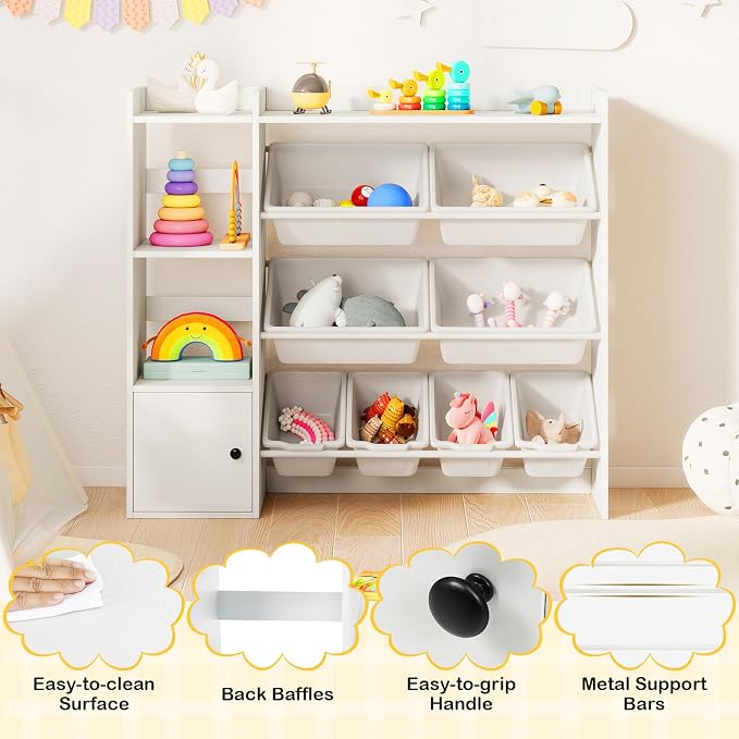 Costzon Kids Toy Storage Organizer w/ 8 Bins, Wooden Toddler Bookcase w/Open Shelves & Cabinet, Multifunctional Toy Storage Cabinet for Kids Room, Nursery & Playroom - Image 7