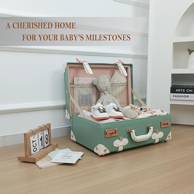 Unitravel Baby Keepsake Case, 18" Handmade Memory Storage Box, Newborn Keepsake Box, Vintage Suitcase for Baby Shower, Baptism, Naming Ceremony or Birthday (mint green) - Image 2