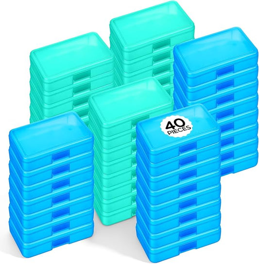 Zhehao 40 Pack Plastic Pencil Box Bulk, Hard Case for Kids,Blue, Green | Clear Lid Cases for School Supplies, 3 Compartment Organizer, Hard Plastic Utility Holder with Pens Brushes, Classroom Use by Zhehao