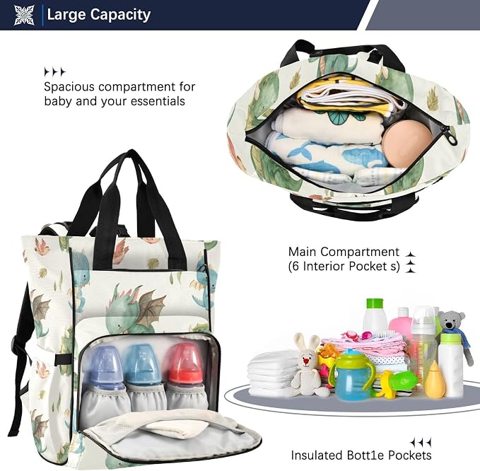Watercolor Dragon Diaper Bag Backpack Multi Function Baby Changing Bags Waterproof Large Capacity Travel Back Pack for Mom Dad - Image 5