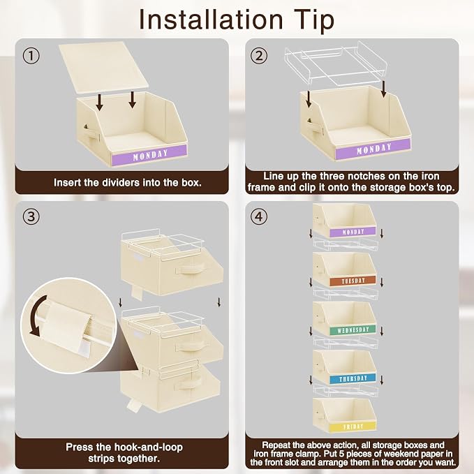 Closet Organizers and Storage - 5 Tier Shelf Organizer with Weekly Labels, Stackable Storage Bins with Metal Frame, Foldable Cube Bins, Home Baskets for Kids and Adults, Beige - Image 4