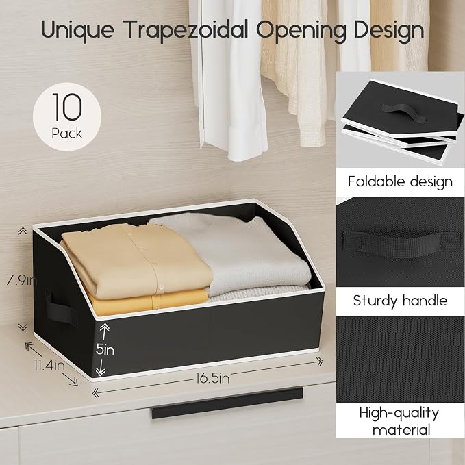 Large Closet Organizers and Storage Bins - 10 Pack Trapezoid Storage Baskets for Shelves, Foldable Fabric Baskets with Handles Ideal for Closet, Basket, Wardrobe and Shelf Storage, Black - Image 2