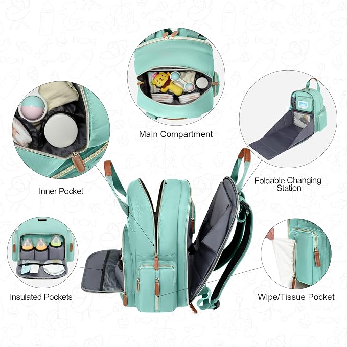 Diaper Bag Backpack with Changing Station, Baby Diaper Organizer Travel Bag | Large Capacity Diaper Bag for Moms Dads - Fold Out Changing Pad, Insulated Pockets, Stroller Straps, Baby Eessentials - Image 4