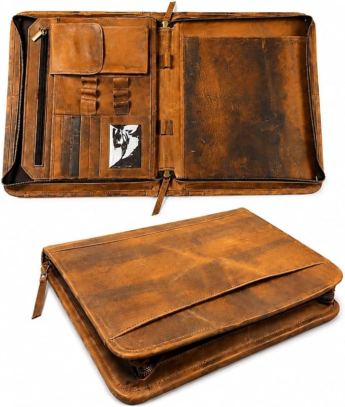 Leather Portfolio Organizer with Zipper for Men Women, Padfolio Business Resume A4/Pad, Folder Organizer, Legal Pad Holder with Card Slots, Zippered Padfolio for Business Documents (Brown) by MILITARIASTUFFS