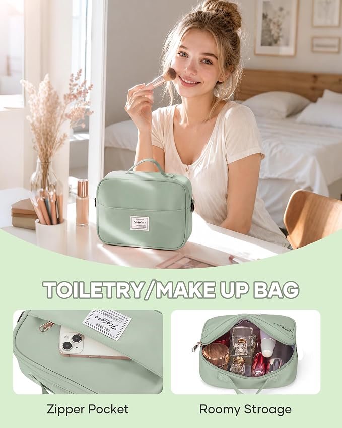 Travel Duffel Weekender Bag Women Tote Carry On Bags With Shoe Compartment | 18x14x8 inches Travel Overnight Bags with Trolley Sleeve for Airplanes Waterproof Sport Tote Gym with Toiletry Bag Beigegreen - Image 4