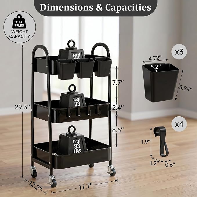 danpinera 3-Tier Rolling Cart, Utility Cart Mobile Metal Rolling Storage Cart with Lockable Wheels & Hanging Cups & Hooks for Kitchen, Bathroom, Office, Workshop, Black - Image 2