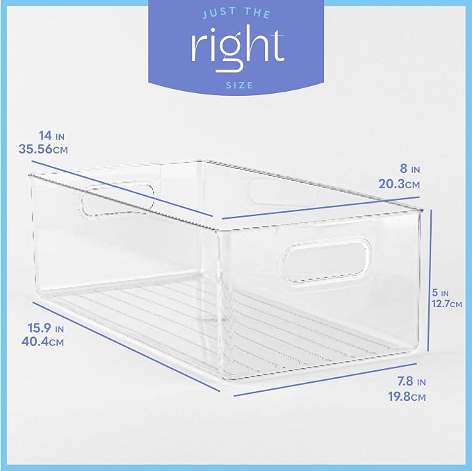Plastic Food Storage 2 Pack Clear Container Bin with Handles for Organizing Kitchen, Pantry, Refrigerator, Freezer, Pantry, Cabinet, Closet, Bathroom. 14”x8”x5” - Image 3