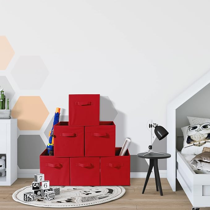 Sorbus Foldable Storage Cubes - 6 Fabric Baskets for Organizing Pantry, Shelf, Toy Box, Cubby, Closet Organizer - 11 Inch Collapsible Closet Organizers and Storage Bins - Red Storage Cubes with Handle - Image 7