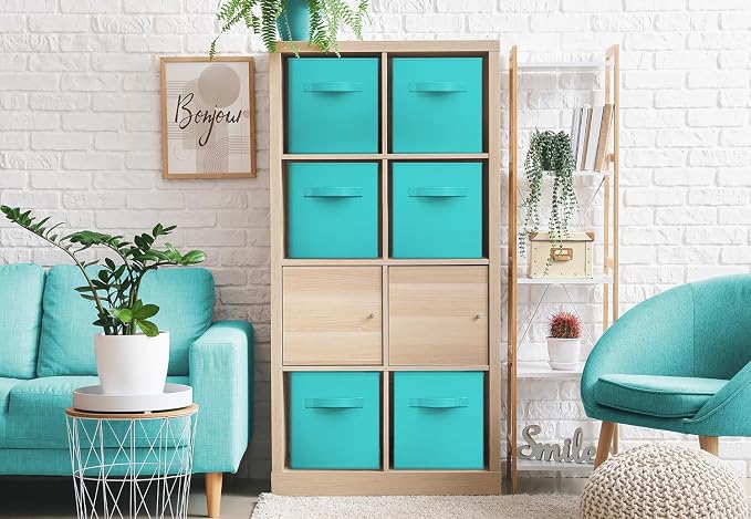 Sorbus Foldable Storage Cubes - 6 Fabric Baskets for Organizing Pantry, Closet, Shelf, Nursery, Playroom, Toy Box, Cubby - 11 Inch Dual Handle Collapsible Closet Organizers and Storage Bins (Aqua) - Image 4