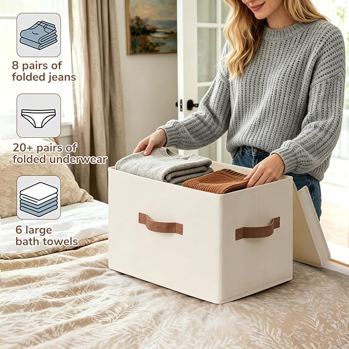 CHICVITA 4-Pack Medium Fabric Storage Baskets with Lids for Shelves,Ivory | 15" x 9.8" x 10.2" Closet Storage Bins with Durable Support Plate, Toy Storage with Handles for Playroom - Image 5