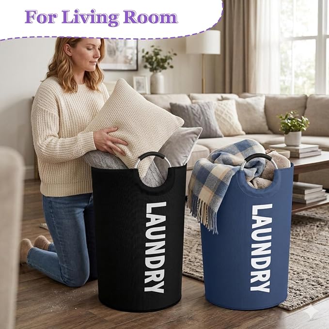 Set of 2 Collapsible Laundry Basket 125L, Tall Laundry Hamper with Comfort Handle, Freestanding Storage Bin for Family, Apartments, Dorm,Black + Navy Blue - Image 8