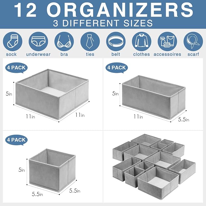 Drawer Organizer Clothes 12 Pack, Dresser Organizer for Nursery Bedroom Closet Organization and Storage - Baby Clothes Organizer Bins - Drawer Divider for Sock Underwear Bra Ties (Grey) - Image 3