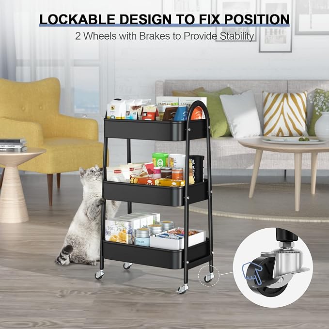 3 Tier Utility Rolling Cart, Metal Storage Cart with Handle and Lockable Wheels, Multifunctional Storage Organizer Trolley with Mesh Baskets for Kitchen, Living Room, Office, Garage (Black) - Image 4