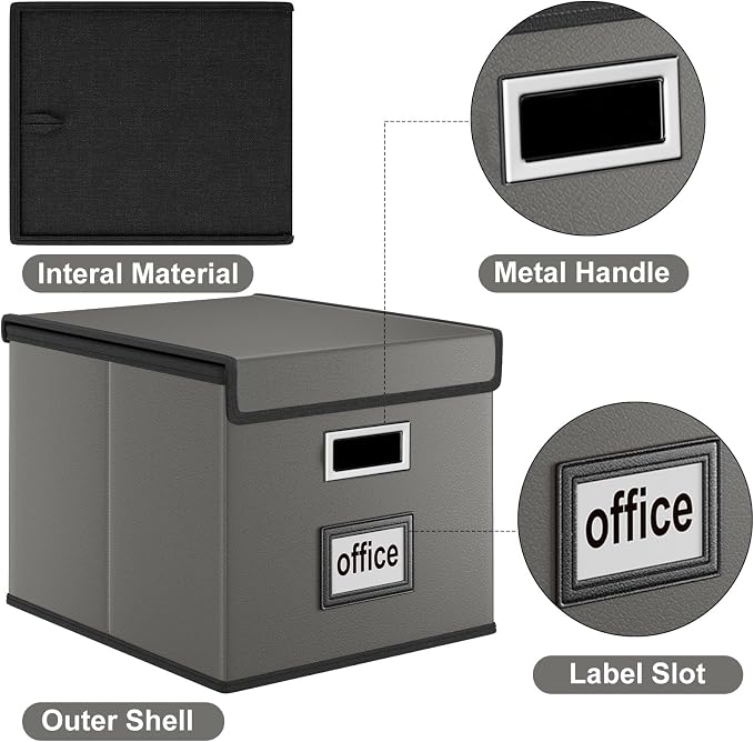 Foldable File Organizer Box with Lids (4 Pack, Dark Gray, Leather) | File Box with Plastic Slides for Document, Filing Bin for Letter Size Hanging File Folders (4 Pack, Dark Gray, Leather) - Image 3