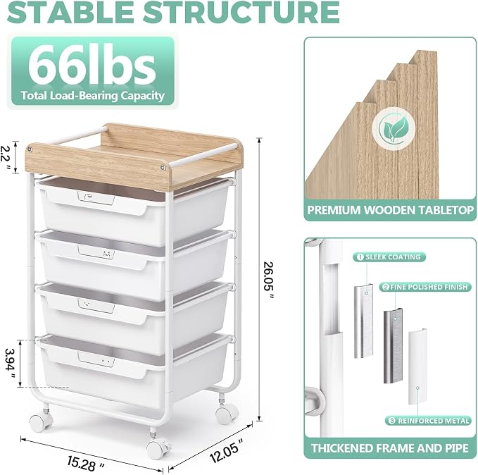 SYKIARIOL Rolling Storage Utility Cart with 4 Drawers,Art Cart,White | Kids Craft Cart,Makeup Organizer and Storage with Wooden Tabletop - Image 9
