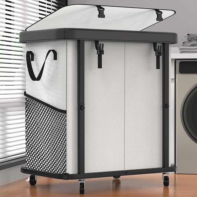 Laundry Basket with Wheels,190L (50 Gal) Laundry Hamper 2 Setion - Beige | Leather Patchwork,Sturdy Metal Frame, Removable Washable Bag, Tall Clothes Sorter for Bedroom, Laundry Room by Unlockyourhomestoragelife