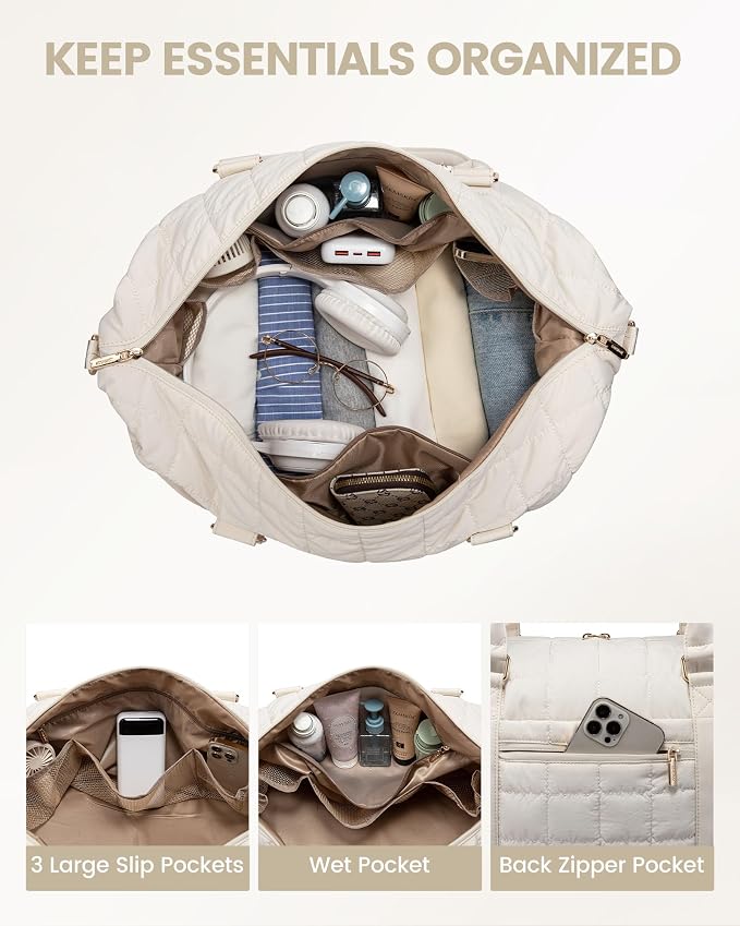 LOVEVOOK Large Duffle Bag for Travel, Puffer Weekend Bags for Women Travel Tote, Carry on Duffel Bag for Airplanes, 18 Inch Personal Item Bag Gym Bag Women, Beige - Image 5