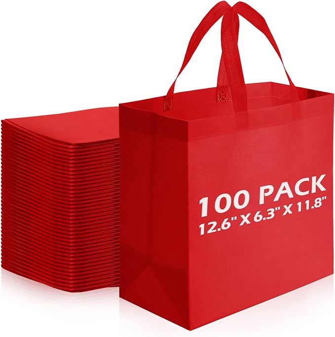Reginary 100 PCS Non Woven Tote Bags Bulk,Red | Reusable Shopping Bags with Handles, Stores, Groceries Markets, Events Gift, Party Supplies by Reginary