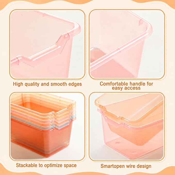 Funrous 12 Pack Plastic Cubby Bins for Classroom, Stackable Storage Bins with Rainbow Labels and Handles Cubby Organizer Containers for Teacher Supplies Home Office Daycare and Playroom (Orange) - Image 3