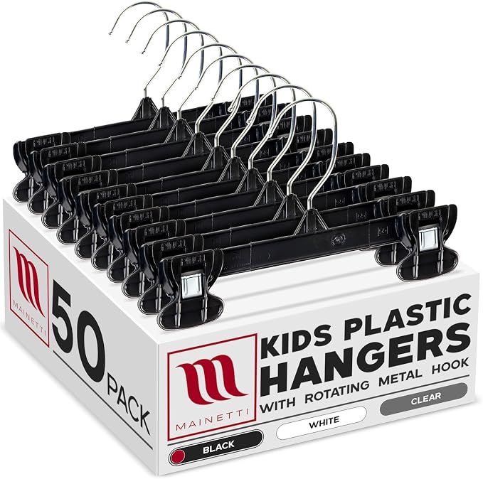 8in Black Plastic Children's Hangers with Rotating Hook (50 Pack) | Children's Black Plastic Hangers for Pants, Skirts Slacks & Bottoms, Rotating Metal Hook, Sturdy Plastic, Space-Saving Design by Mainetti