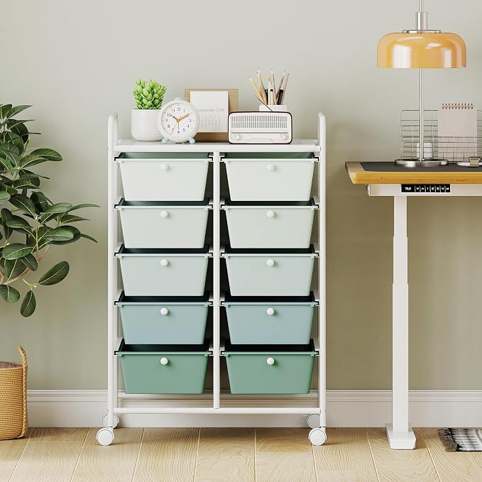 RELAX4LIFE Rolling Storage Cart with 10 Drawers - Craft Storage Cart w/Lockable Wheels, Utility Cart, Art Cart Organizer for School Studio Office Home, Utility Cart on Wheels (Gradient Green) - Image 2