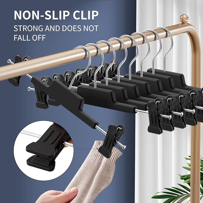 HUADYMEET 10 Pack Heavy Duty Pants Skirt Hangers with Clips,Black,12 Inch | Plastic,Space Saving,Adjustable,Non Slip,Hanger for Jeans Shorts Clothes Slacks Trousers,For Adult Men Women Children - Image 3