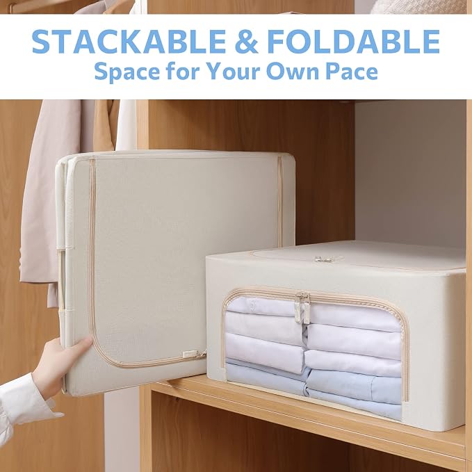 CYhom 3Pack Frame Storage Box - Clothes Storage Bin Bags Oxford Fabric Foldable Stackable Container Organizer Set with Clear Window & Carry Handles (Beige, Medium-44L) - Image 3