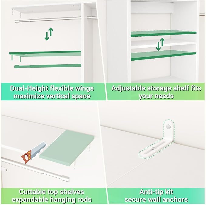 Besiost 4FT Small Closet Organizer System with 4 Hanging Rods & 3 Shelves | 48" Closet System for Small Closets, 80" H Small Closet Organizers and Storage for Bedrooms, Cloakrooms, White - Image 5