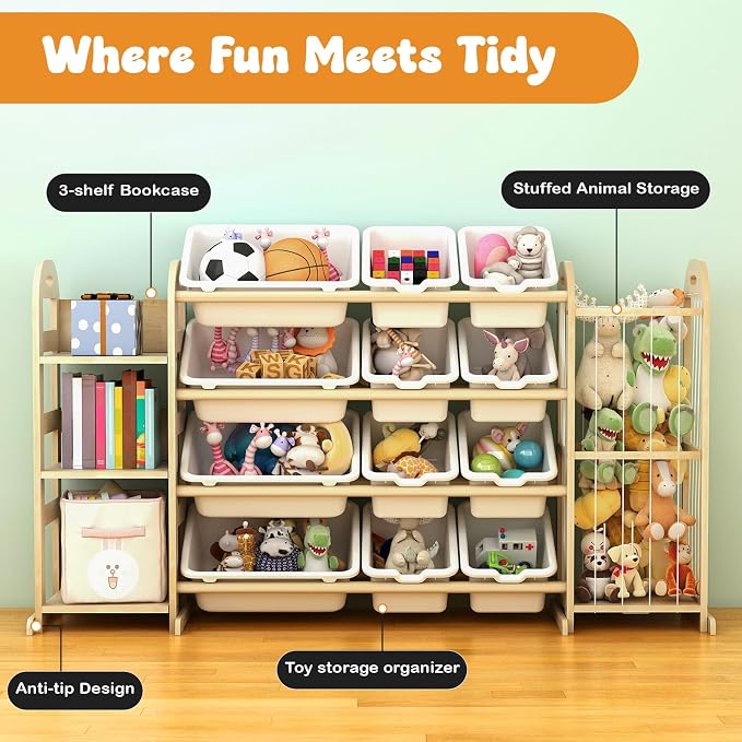 Kids Toy Storage Organizer, Toy Organizers and Storage with Stuffed Animal Storage, Toy Storage Shelf with 3 Shelves, 12 Storage Bins, Kids Bookshelf, Toy Holder for Playrooms, Bedrooms, White - Image 6