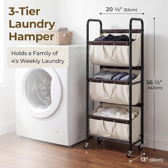 GRANNY SAYS 3 Tiered Laundry Sorter, Narrow Hamper Cart with Wheels | Sturdy 3 Section Laundry Basket with Wheels, Vertical Beige Hamper Cart for Bedroom, Bathroom, Apartment - Image 2