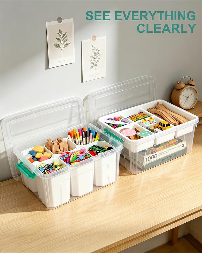 EOENVIVS Clear Storage Boxes with 6 Tall Inserts, Large Plastic Organizer Box with Lid and Handles, 15.94x11.61x7.28 Inches, Multi-Functional Container for Cosmetics, Toys, School Supplies - Image 5