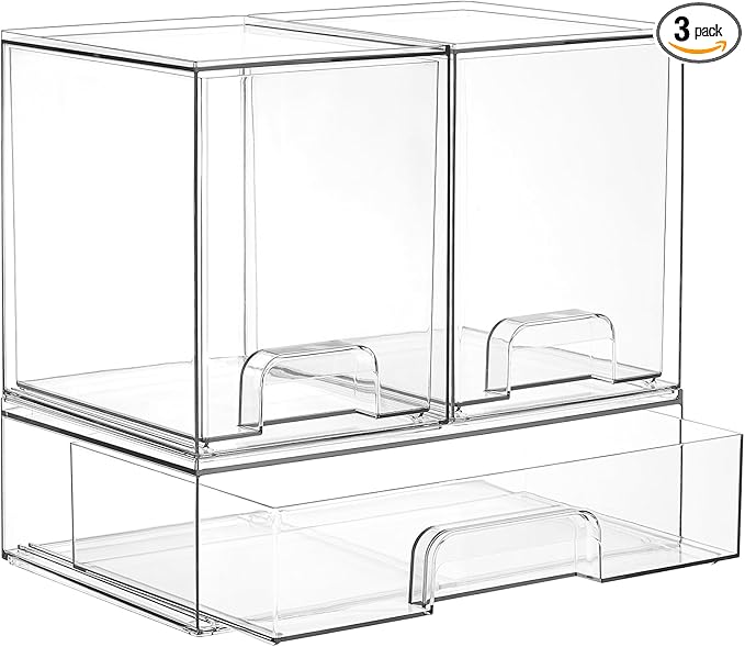 Vtopmart Clear Stackable Storage Drawers Set of 3, Plastic Organizer Bins | Multi-purpose Boxes for Baby Bottle Storage, Ideal for Kichen, Vanity, Bathroom, Undersink, Cabinet, Pantry Organization by Vtopmart