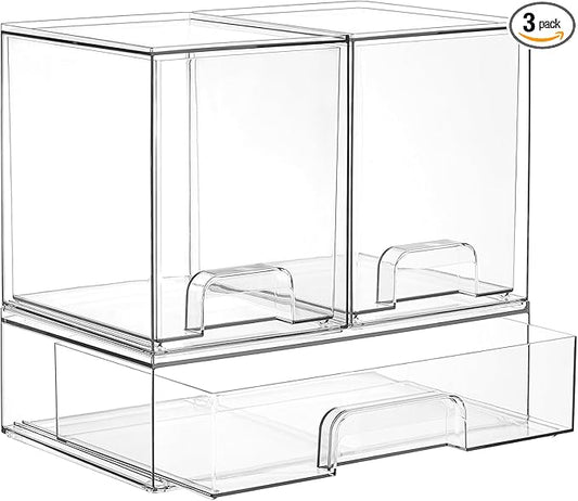 Vtopmart Clear Stackable Storage Drawers Set of 3, Plastic Organizer Bins | Multi-purpose Boxes for Baby Bottle Storage, Ideal for Kichen, Vanity, Bathroom, Undersink, Cabinet, Pantry Organization by Vtopmart