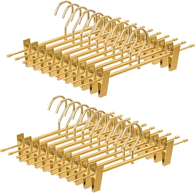 20 Pack Gold Metal Pants Skirt Hangers with Clips & Swivel Hooks | Lightweight Aluminum & Sturdy, Non-Slip Pads for Trouser, Skirts, Jeans, Scarf, Camisoles, Kids & Adults by UEAKPIC