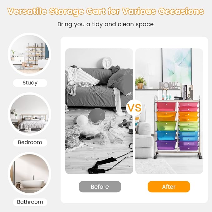 COSTWAY 15 Drawer Rolling Storage Cart, Mobile Storage Organizer | Removable Drawers & Metal Frame, Multipurpose Utility Tools Paper Organizer on Wheels for Home, Office (Rainbow) - Image 7