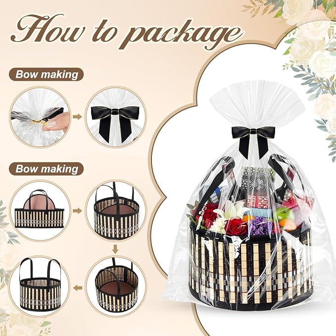 Weysat 3 Set Baskets for Gifts Empty Bulk, Large Woven Bamboo Gift Basket Kit with Handles, Bow, Wrap Bag to Fill for Raffle Thanksgiving Day Wedding Birthdays Party Wrapping (Black) - Image 2