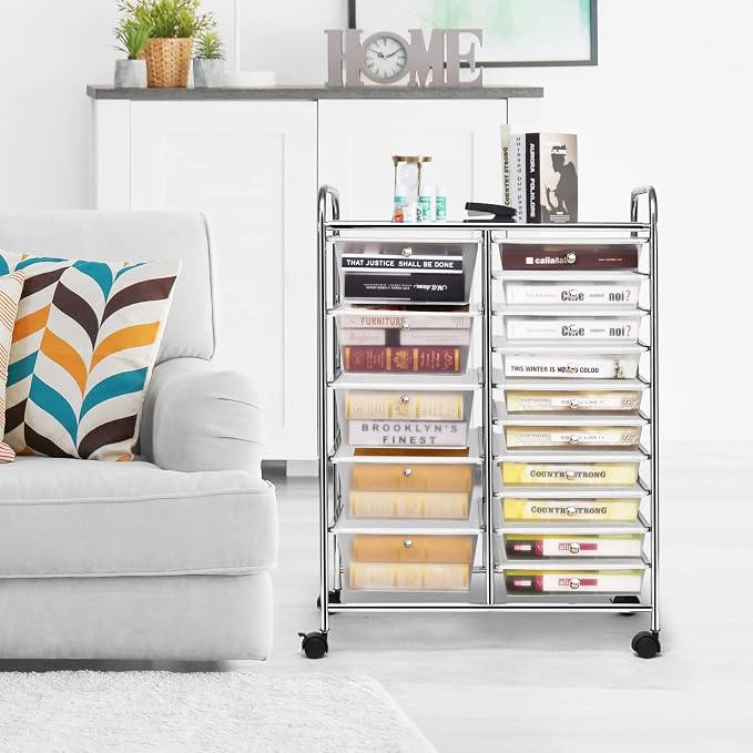 DREAMADE Rolling Cart with 15 Drawers, Clear Plastic Drawer Organizer w/Lockable Wheels, Removable & 2-Sized Storage Drawers, Art Cart for School Home Art Supplies Crafts File Scrapbook (Transparent) - Image 7