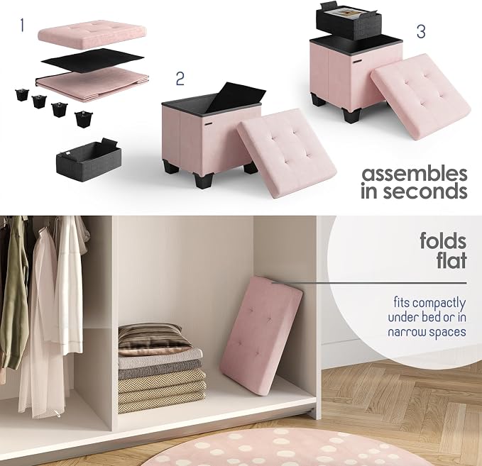 Storage Ottoman Cube with Small Bin, 15-in Square Ottoman with Storage for Living Room and Bedroom, Small Ottomans Foot Rest, Velvet Foot Stools Ottomans Max 330lbs, Pink - Image 3