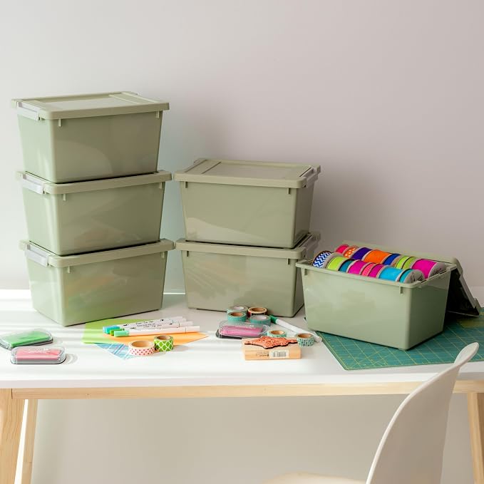 IRIS USA Storage Bins with Lids |Made in USA| 4 Qt - (6-Pack) - Sage Green | Sensory Craft Organizers, Plastic Clip Box Totes, Flat Containers for Organizing Paper, Office, Art & Study Supplies - Image 2
