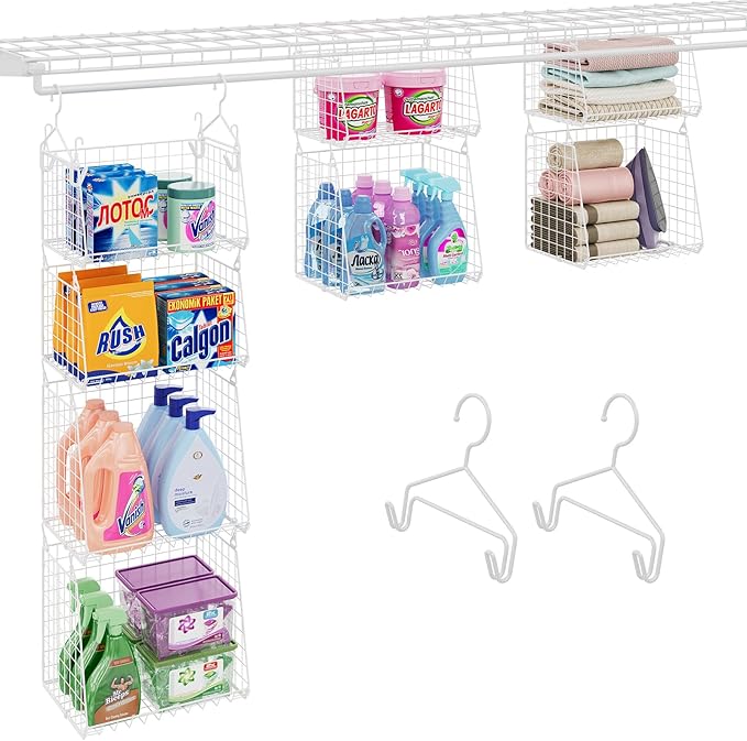 4-Tier Hanging Laundry Room Organizer: Foldable Wire Shelf Basket with 2 Large Hooks 1.65" & 360°Rotating Hooks – Space-Saving Laundry Storage Basket, for Wardrobe Closet Storage, White Patent by Sonyabecca