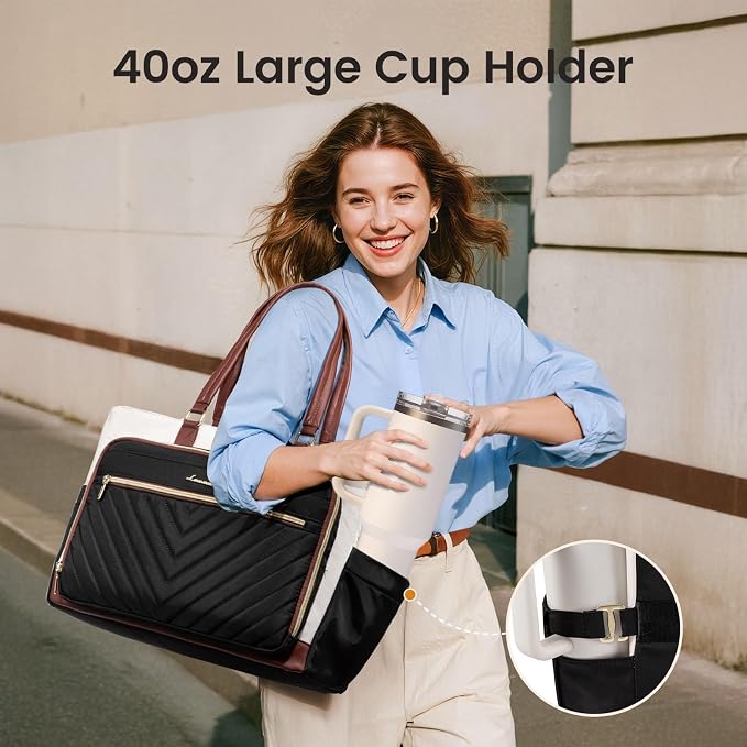 LOVEVOOK Teacher Tote Bag for Women, Work Laptop Bag Gift with Large Cup Holder, Quilted Nurse Bag Diaper Tote with Multi-Pockets, Large Computer Handbag Purse for Bussiness Travel, Office, College - Image 3