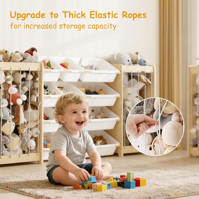 EXPERLAM Large Toy Storage Organizer, Wooden Stuffed Animal Storage & 12-Bins Toy Organizer, Double-Sided Plush Toy Holder Featuring Thicker Ropes, Space Save Playroom Nursery Bedroom Storage, White - Image 6