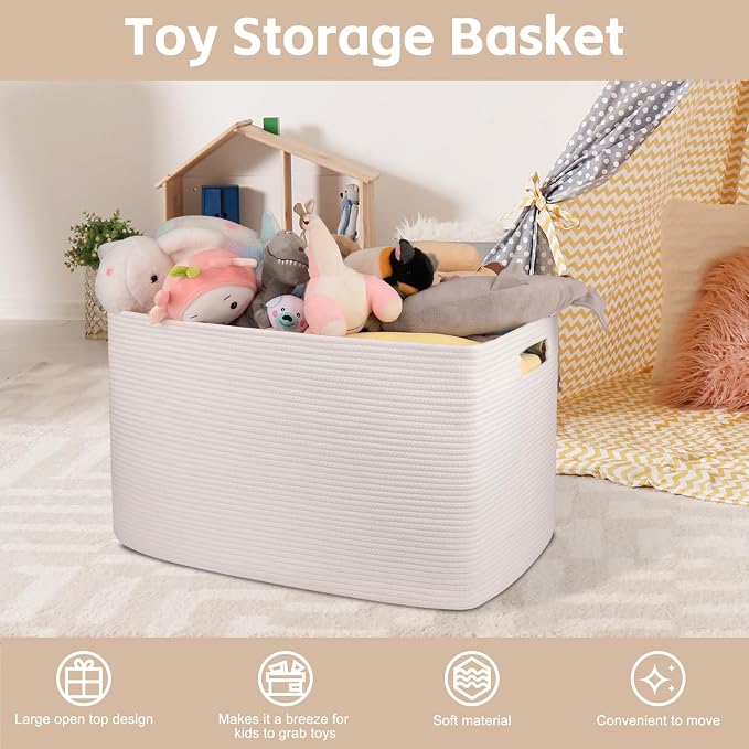 OIAHOMY 118L XXXLarge Cotton Rope Storage Basket, Oversized Blanket Basket, Used for Organizing Dirty Clothes in Living Room, Bedroom, Nursery, Dog Toy Storage Bins, 25" x 17" x 16",White - Image 4