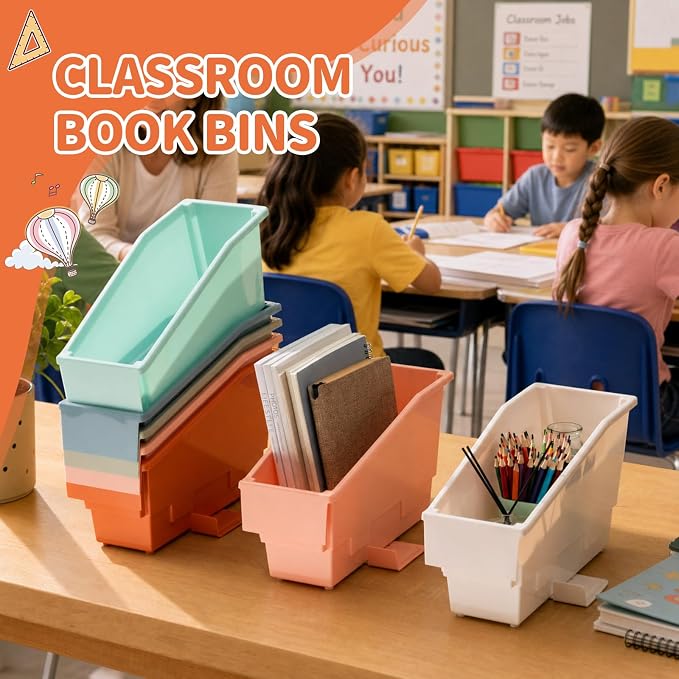 Geetery 12 Pack Non-Tip Book Bins with Stabilizer Wings Multicolor Plastic Storage Organizers Color Code Organization for Home Office Desktop Library Shelves Document Magazine File Holder (Earth Tone) - Image 4