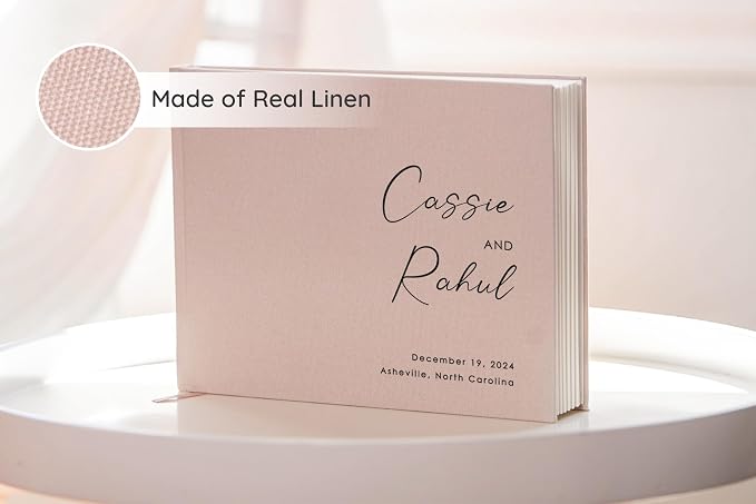 Personalized Linen Guest Book (Design 3) - 9 x 7.5 Hardcover Custom Wedding Guestbook Bride Groom Name Date Location Venue, Reception Ceremony Engagement Party Keepsake Signing Book w/ 120 Blank Pages - Image 3