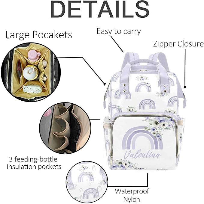Purple Rainbow Personalized Baby Diaper Bag – Custom Name Waterproof Nappy Backpack with Multi Compartments – Stylish Gift for Mom, Dad, Baby Shower & Outdoor Travel - Image 5