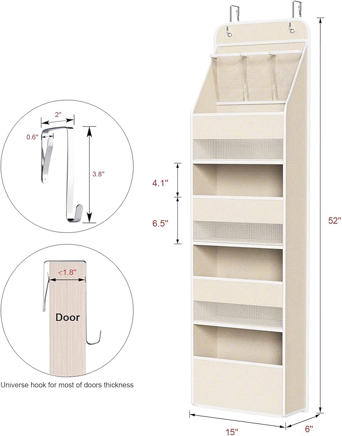 Univivi Over the Door Organizer for Baby Nursery, Beige Pattern, 5-Shelf | Door Storage with Large Capacity Breathable Mesh Pockets, Fabric Over Door Organizer for Baby Essential, Bedroom and Dorm - Image 3